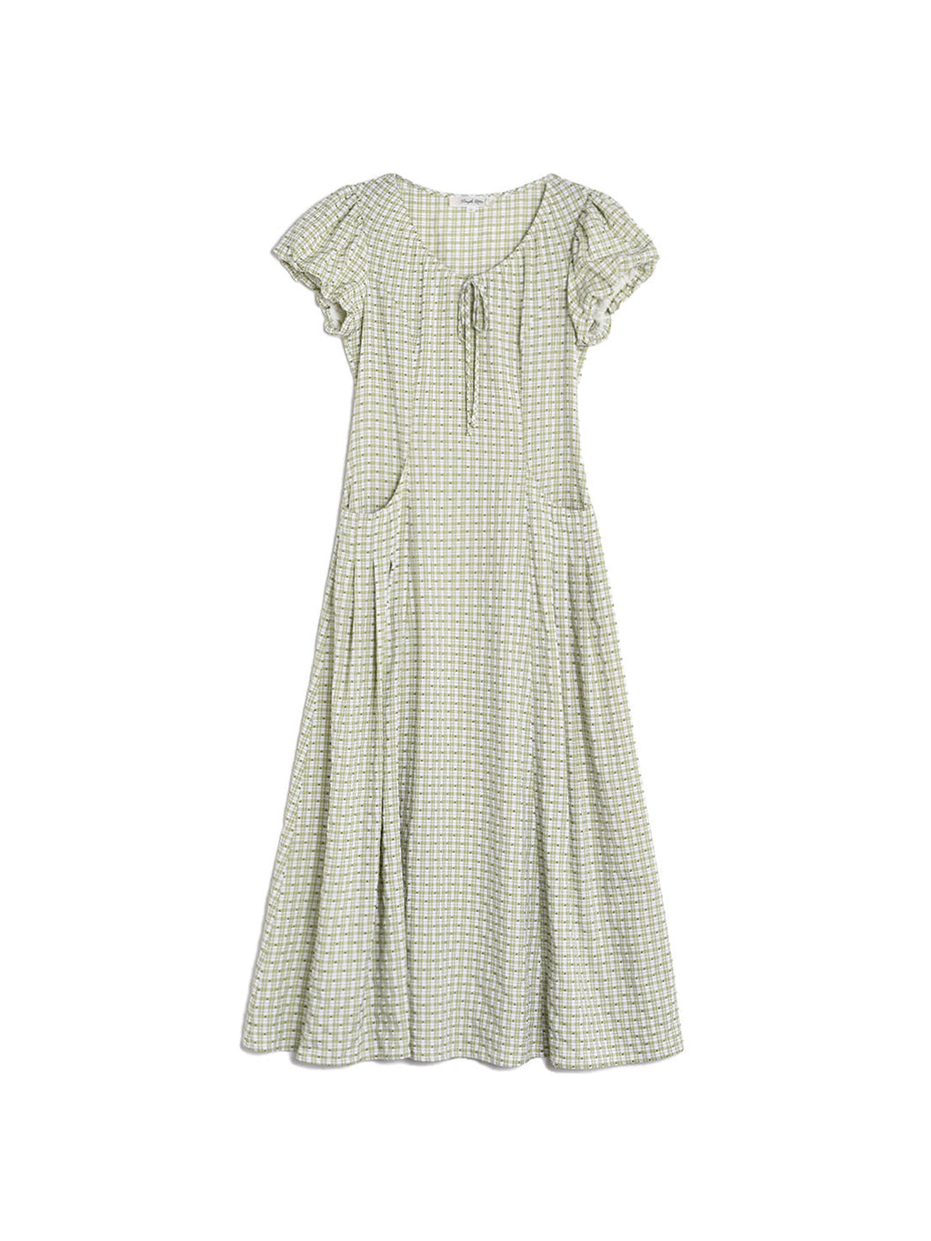 Willow Round Neck Plaid Puff Sleeve Viscose Dress - Yellow