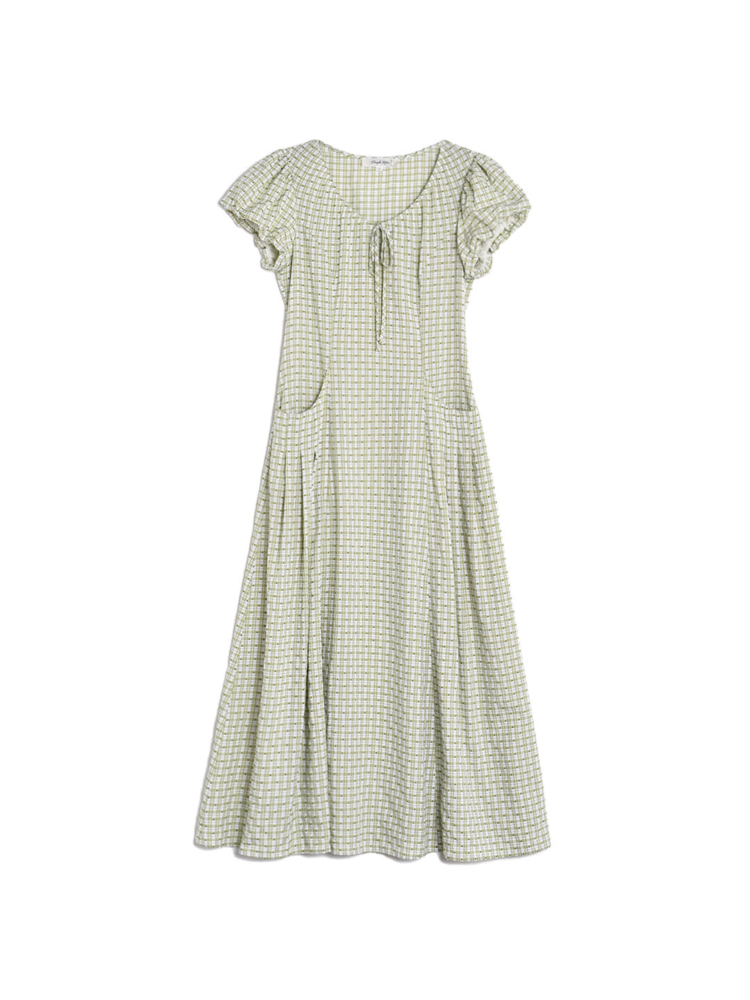 Willow Round Neck Plaid Puff Sleeve Viscose Dress - Yellow