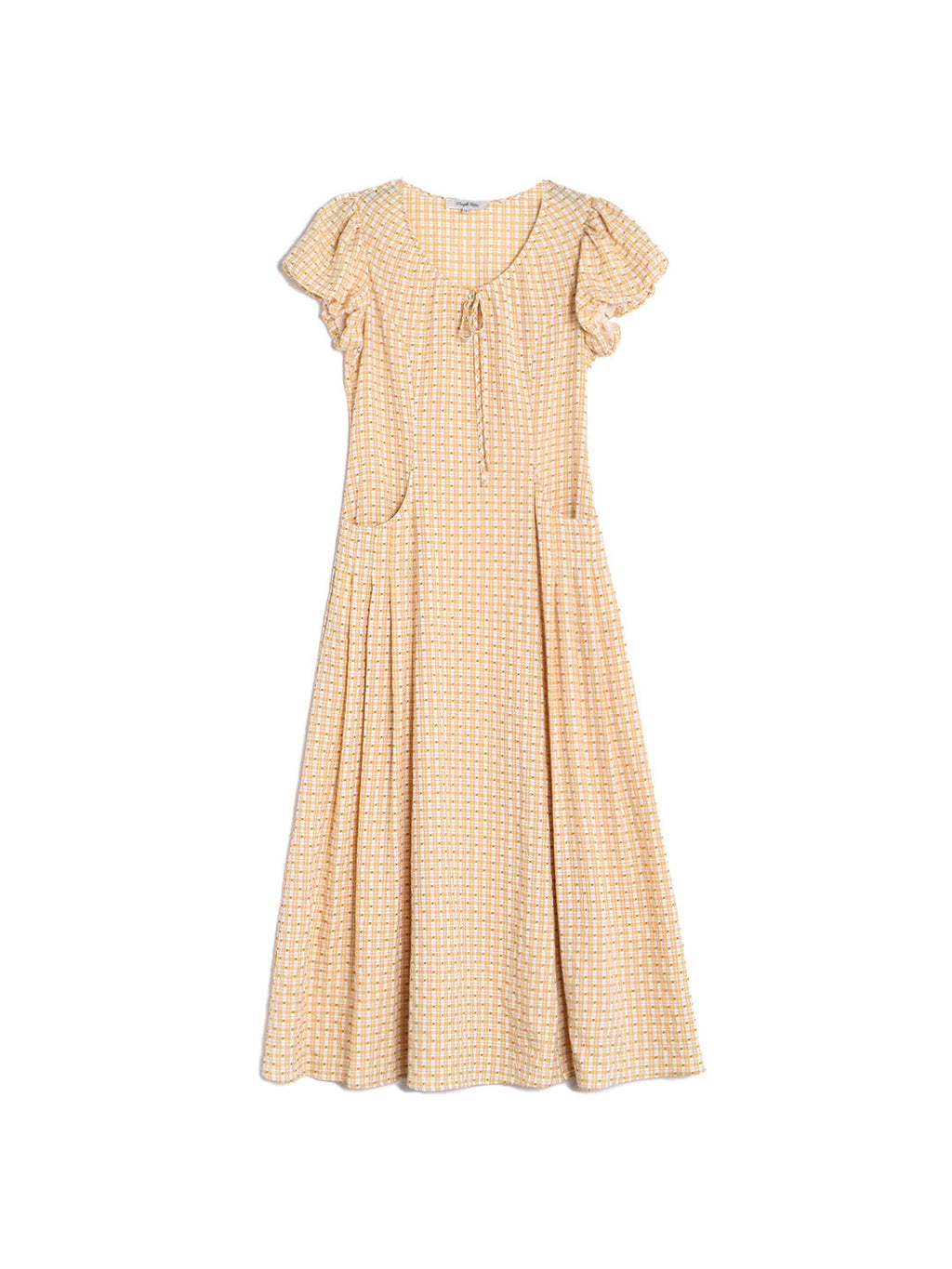 Willow Round Neck Plaid Puff Sleeve Viscose Dress - Yellow