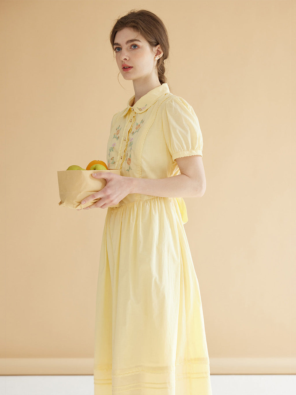 【Final Sale】Maryam Floral Embroidery Puff Sleeve Button Front Peter Pan Collar Dress
