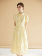 【Final Sale】Maryam Floral Embroidery Puff Sleeve Button Front Peter Pan Collar Dress