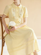 【Final Sale】Maryam Floral Embroidery Puff Sleeve Button Front Peter Pan Collar Dress