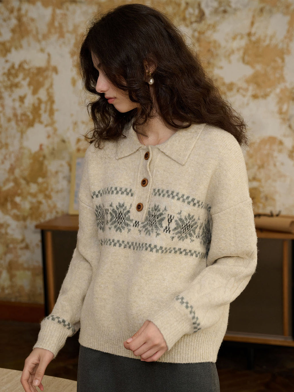 Norah Snowflake Jacquard Polo Fair Isle Knit Sweater