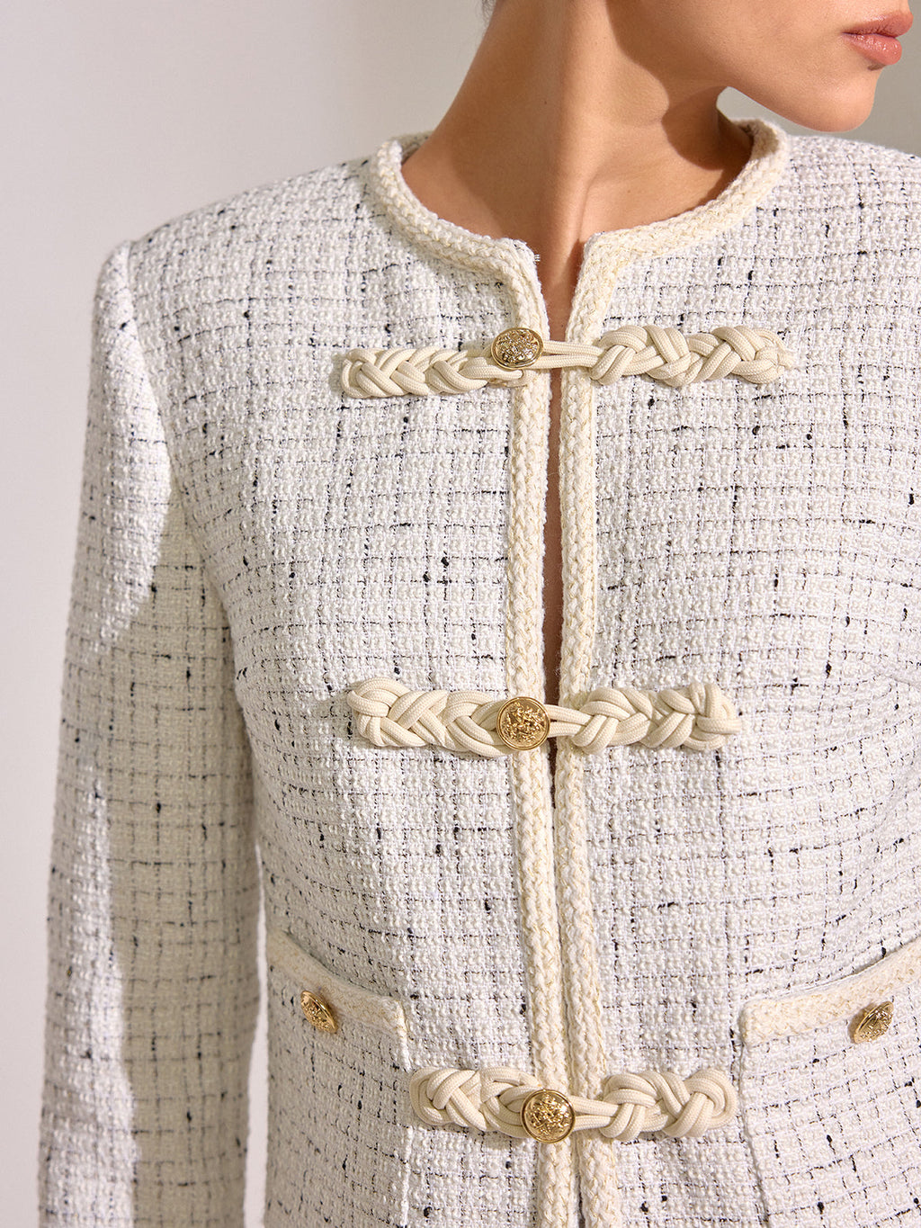 Metal Detail Knot Button Tweed Jacket