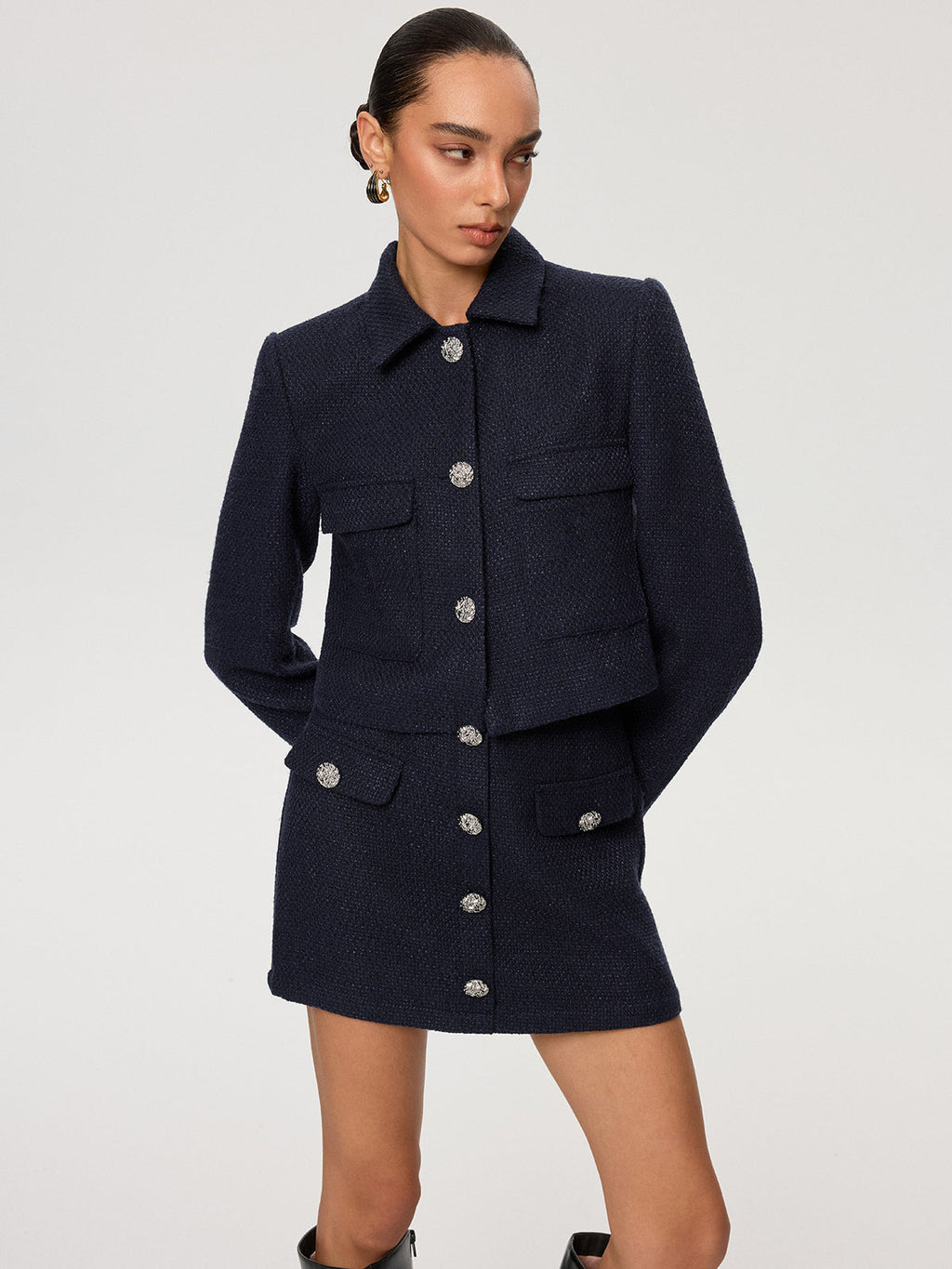Metal Button Tweed Collared Jacket
