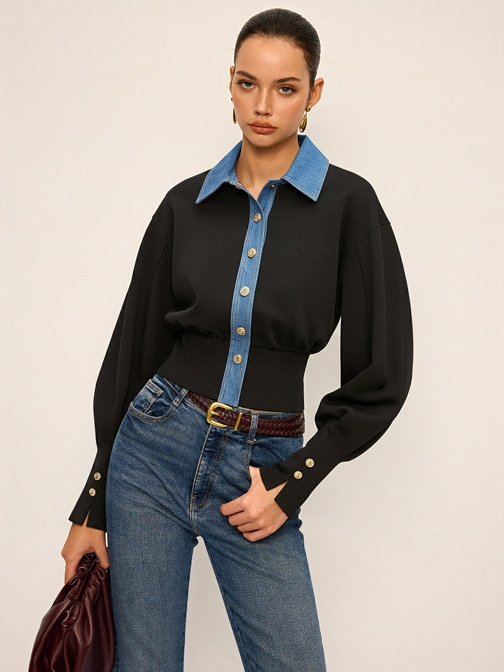 Denim Trim Buttoned Sweater