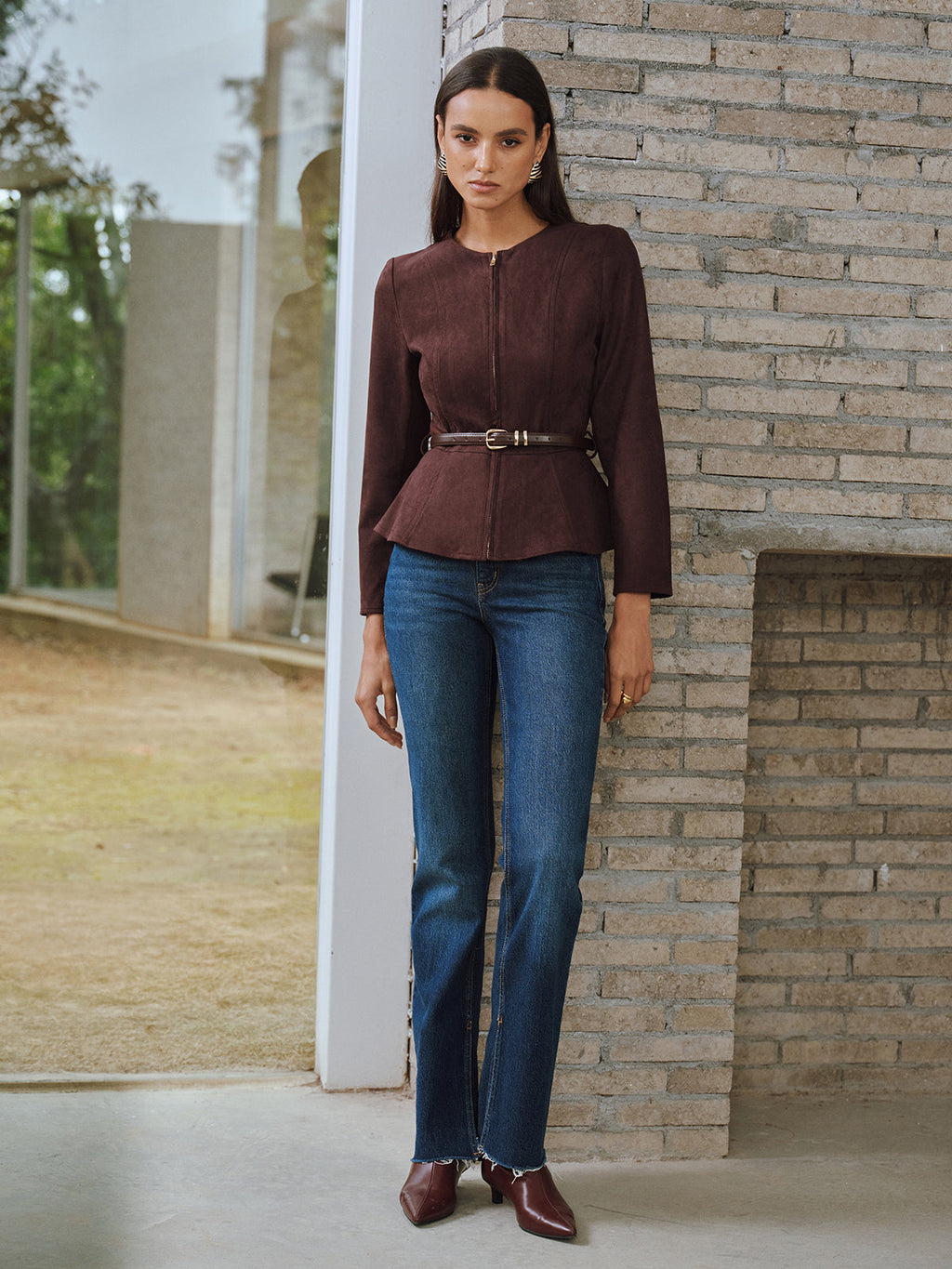 Belted Suede Effect Zipper Jacket