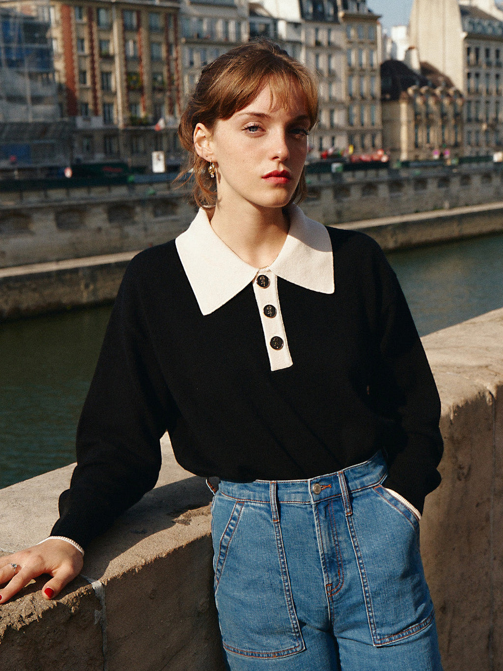 Selena Polo Contrast Collar 100% Wool Black Knit Sweater